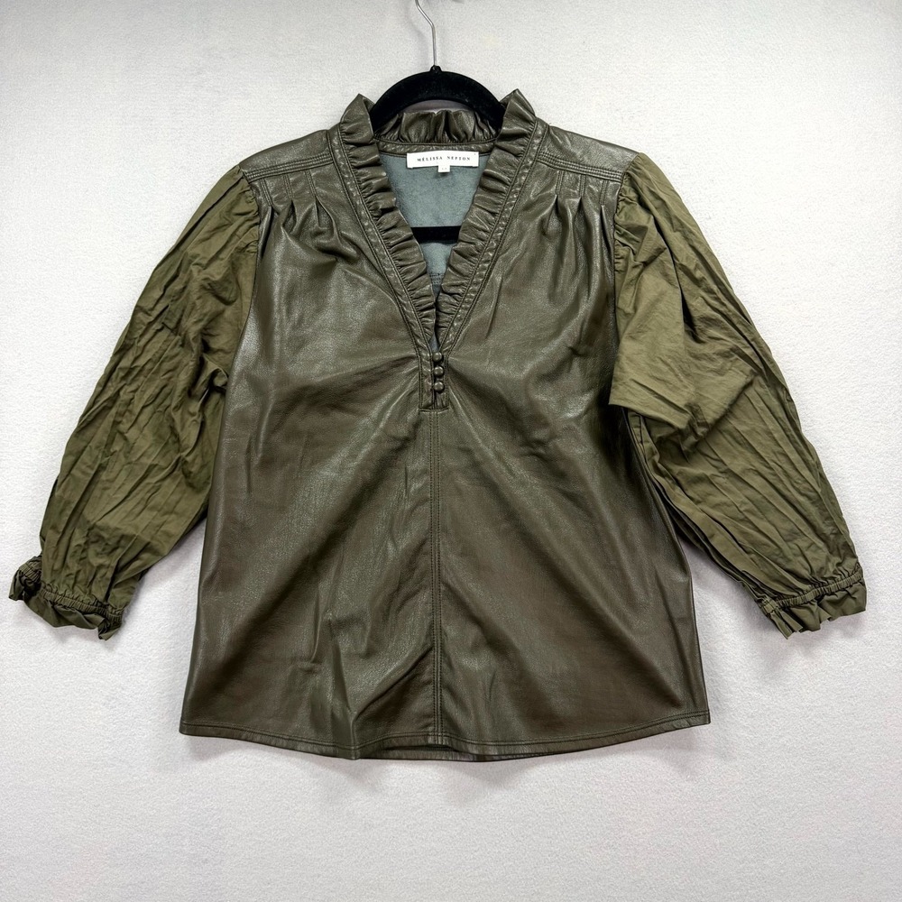 Melissa Nepton Adria Blouse Top Womens Small Green Faux Leather Ruffle V-Neck